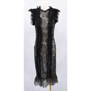 NBD Revolve Ruffle Black Silver Gold Lace Midi Pencil Dress Romantic Cocktail XS